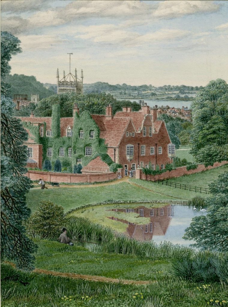 A painted scene of a large manor house, a lake, a church in the ckground and a town beyond.