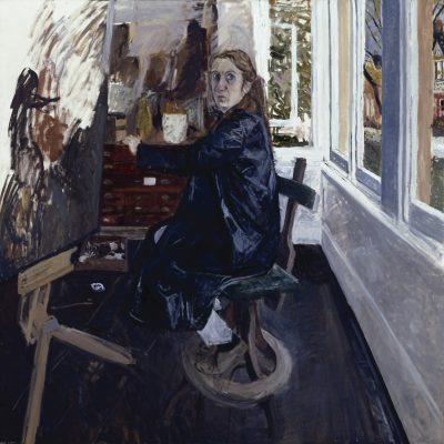 a painted portrait of the artist at work in a sunlit studio