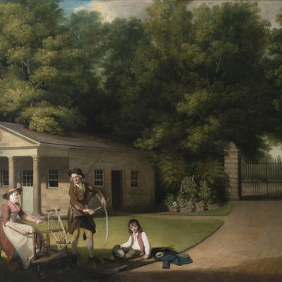 a painting of a man, woman and boy at work in an enclosure of a country house, with a small classical building behind them