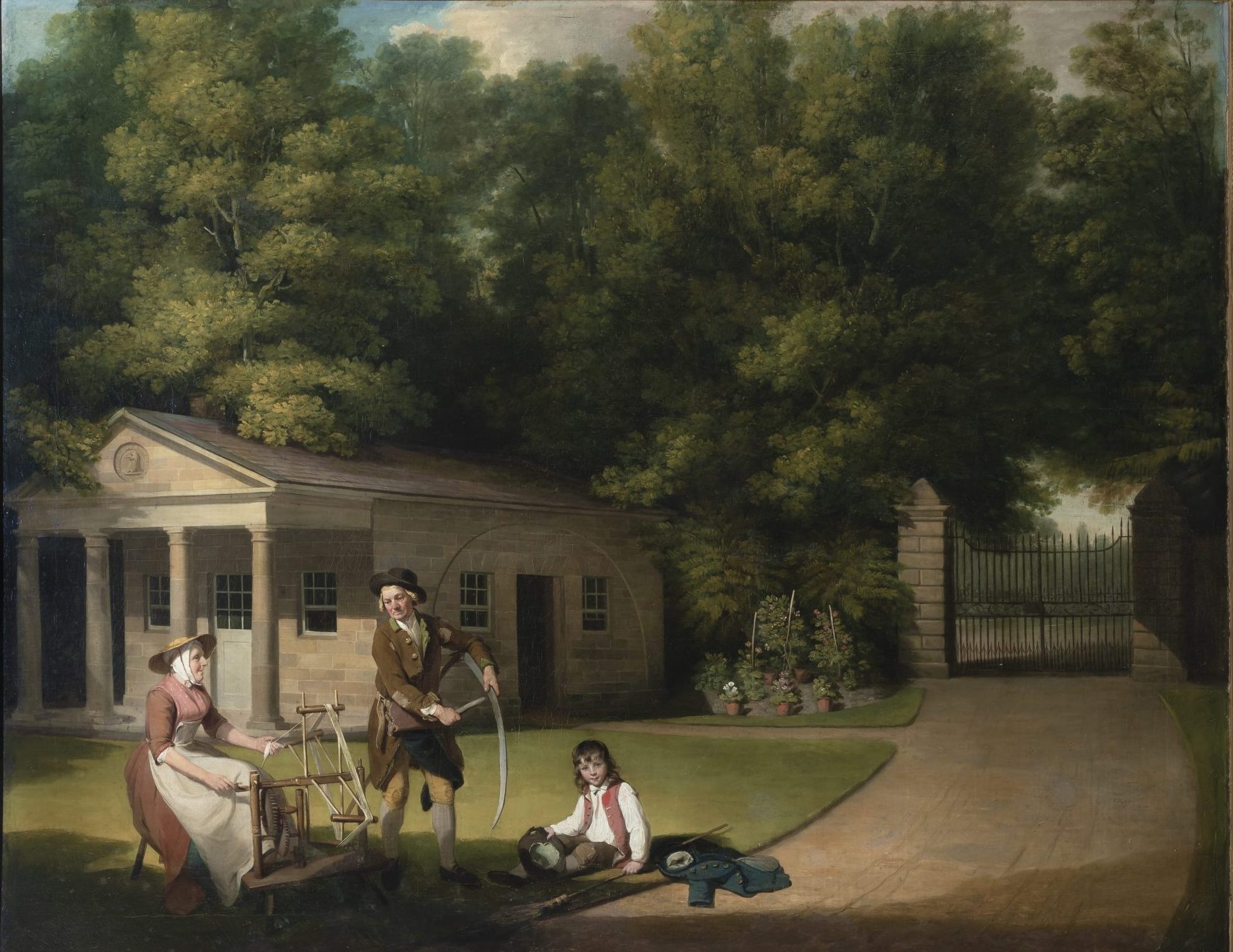 a painting of a man, woman and boy at work in an enclosure of a country house, with a small classical building behind them