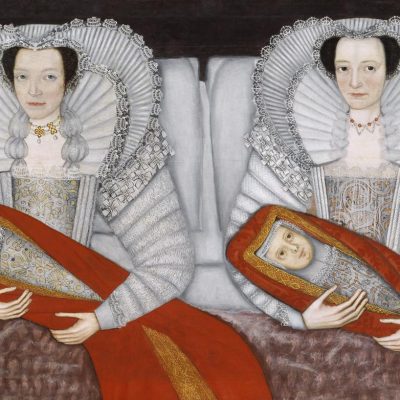 a Tudor painting of two identical women in white, both holding babies wearing red