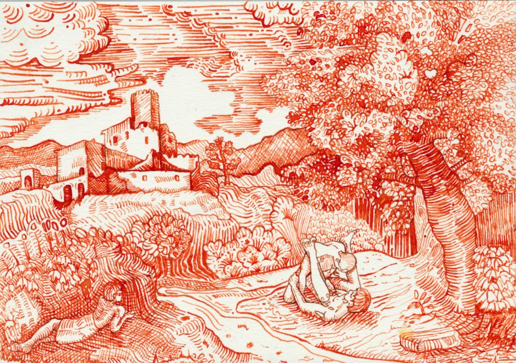 Landscape drawing in red ink