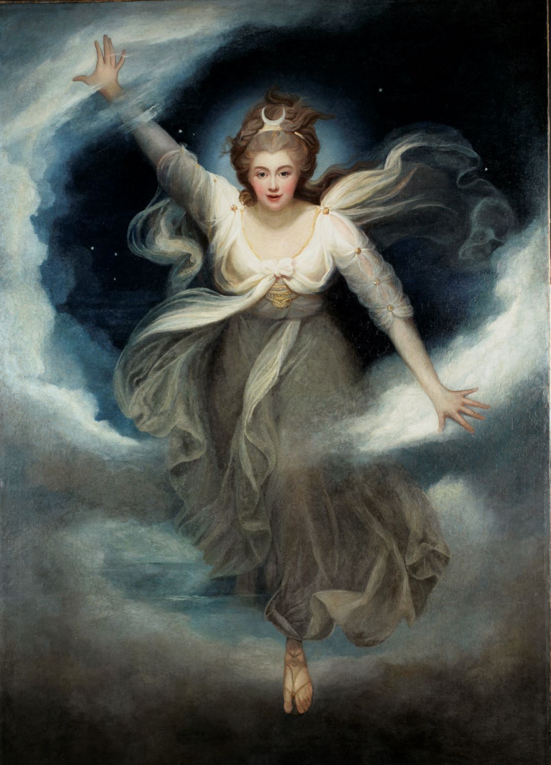 a painting of a woman robed in a white classical costume floating among clouds