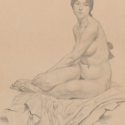 a life drawing of a naked female figure, seated