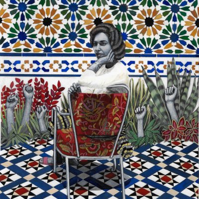 a painting of a woman sitting on a chair and looking over her shoulder at us, in a highly decorative setting. Fists emerge from plants in the background.