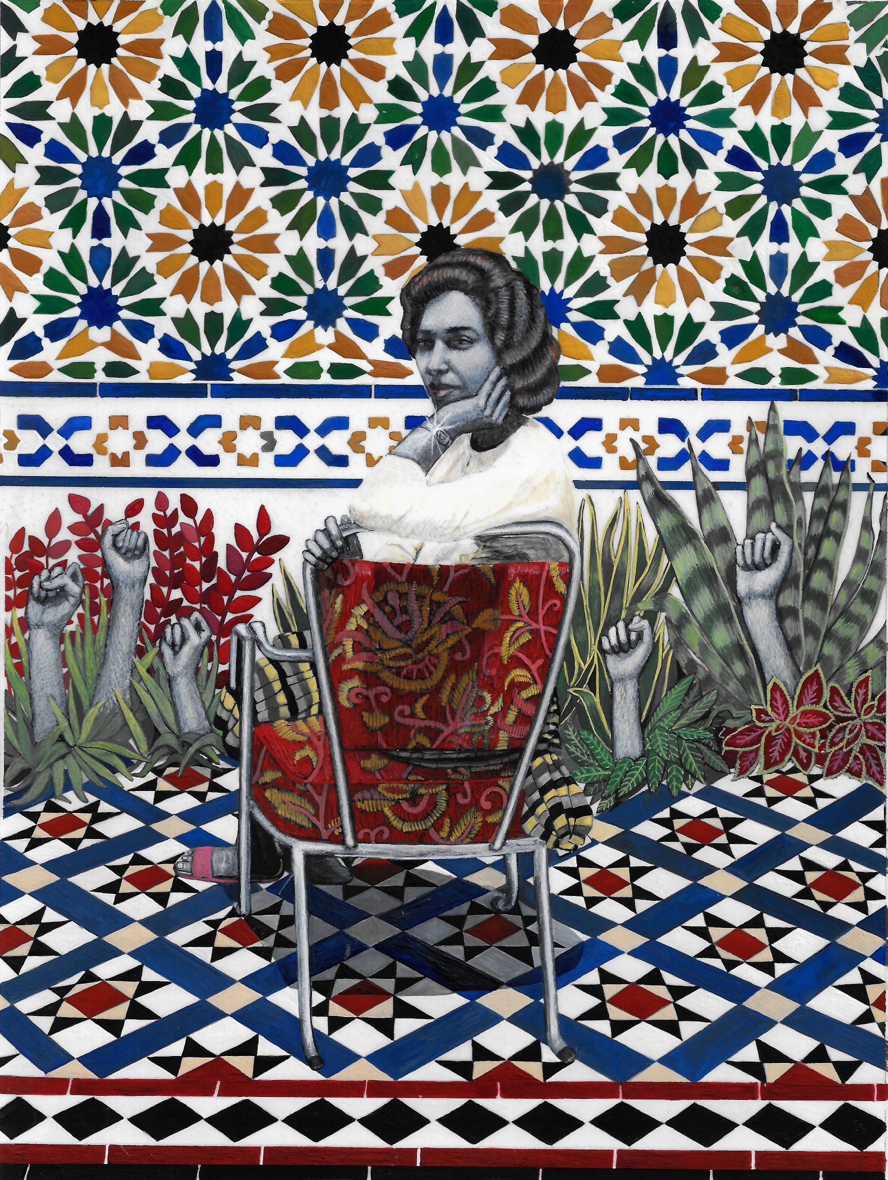 a painting of a woman sitting on a chair and looking over her shoulder at us, in a highly decorative setting. Fists emerge from plants in the background.
