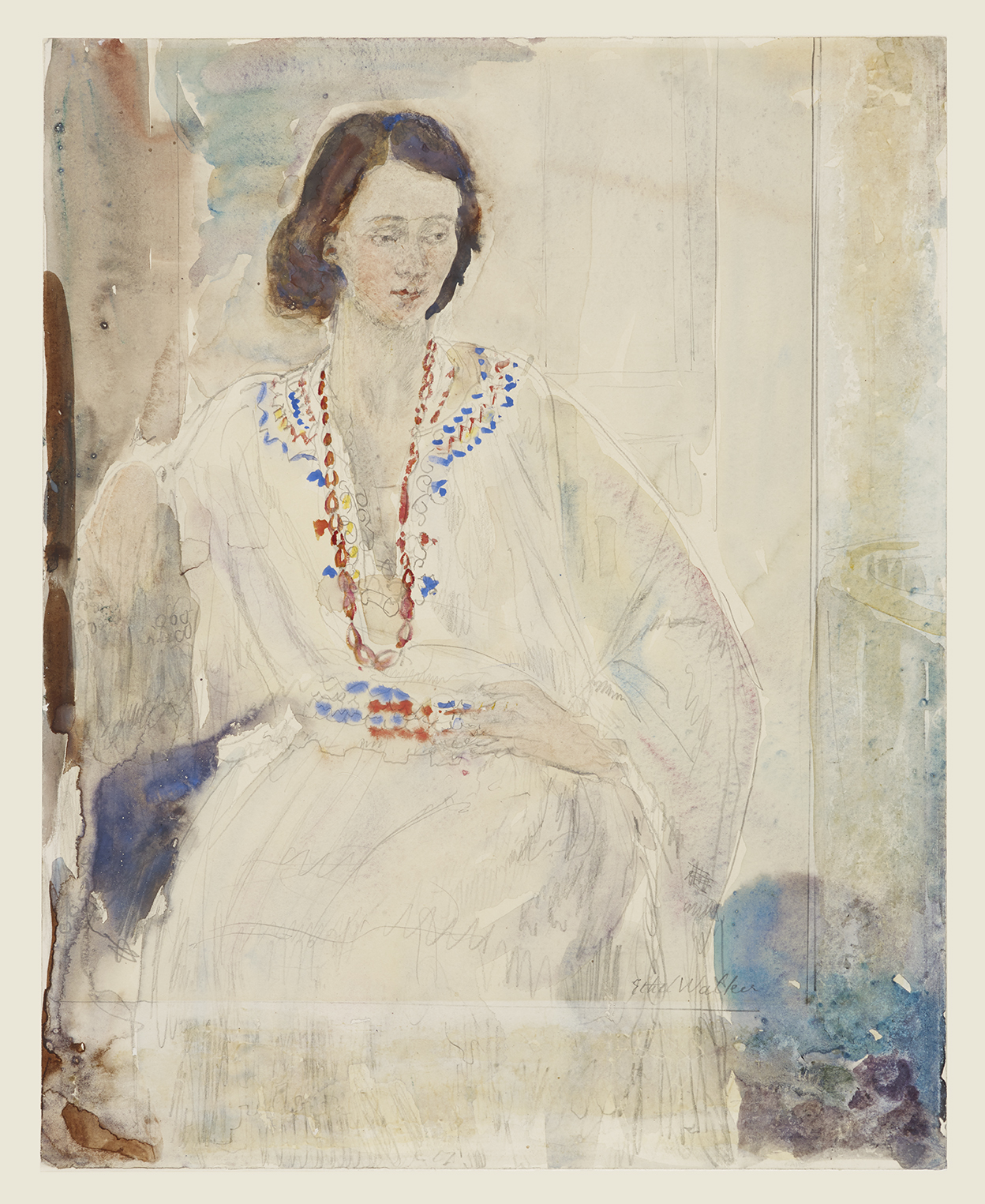 a delicate watercolour painting of a woman in a white dress seated
