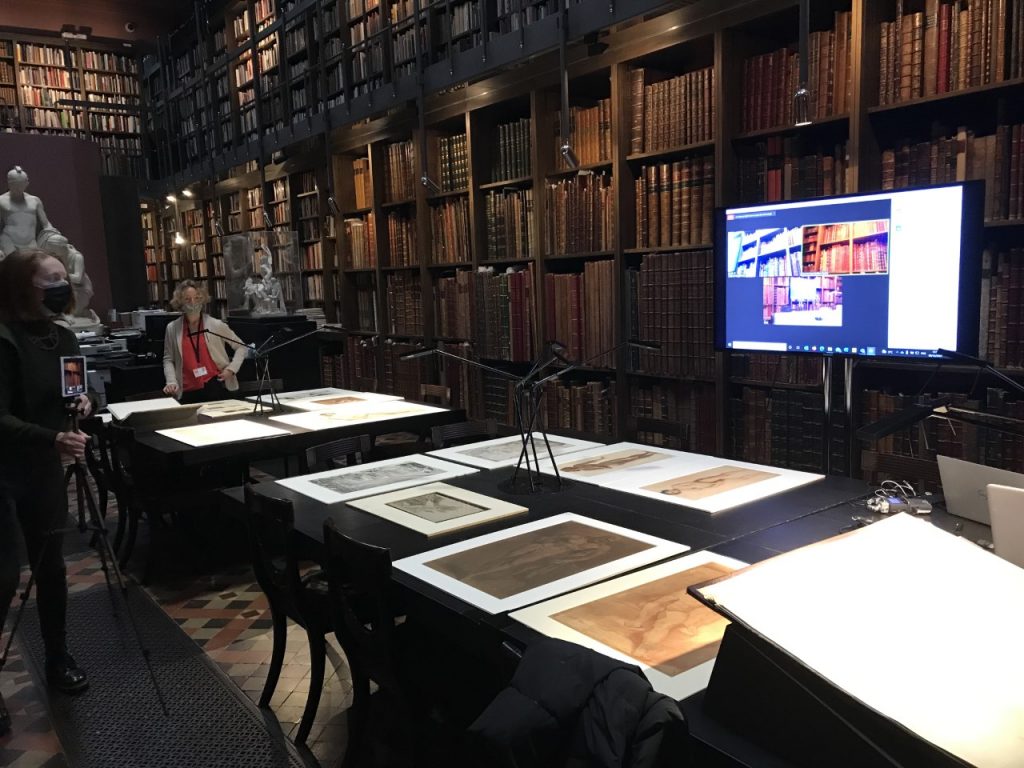 a view of the study room at the Royal Academy with drawings set out on a large table