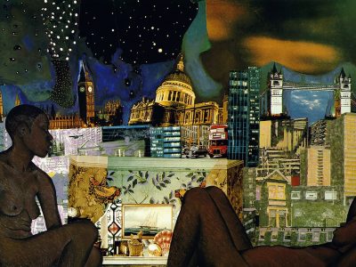 a visually complex collage work, featuring images of familiar London architectural sites and decorative motifs, with two naked Black figures in the foreground