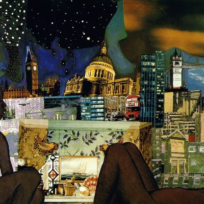 a visually complex collage work, featuring images of familiar London architectural sites and decorative motifs, with two naked Black figures in the foreground