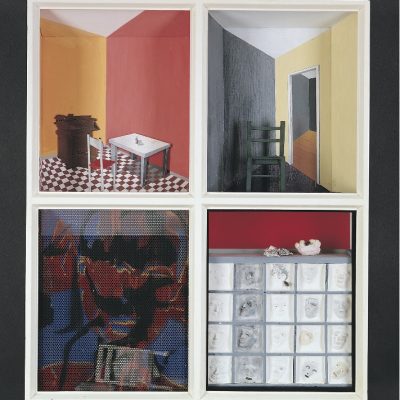a mixed media artwork showing abstract room-like spaces in a grid of four