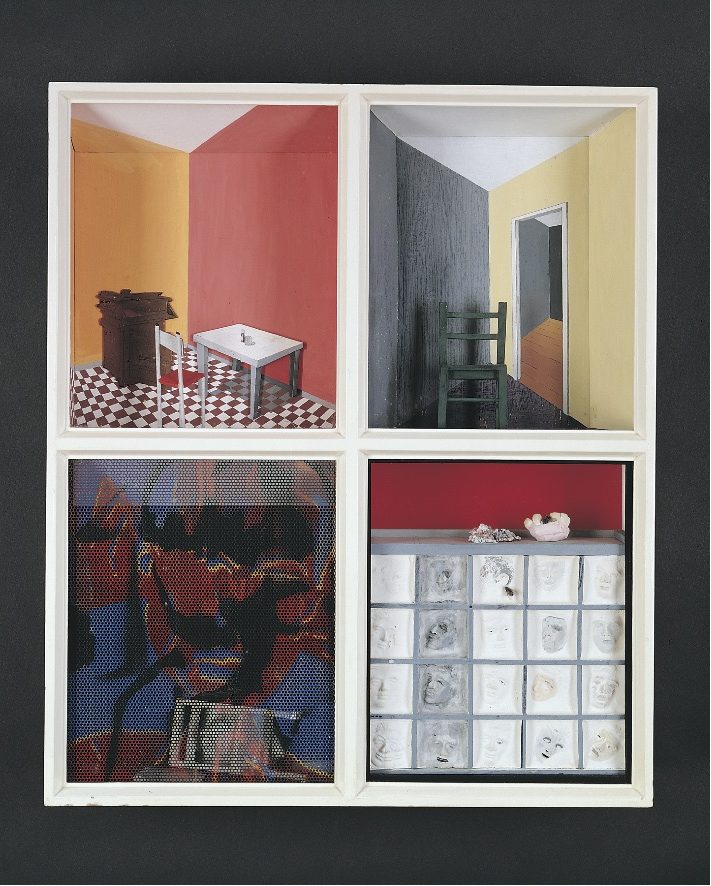 a mixed media artwork showing abstract room-like spaces in a grid of four
