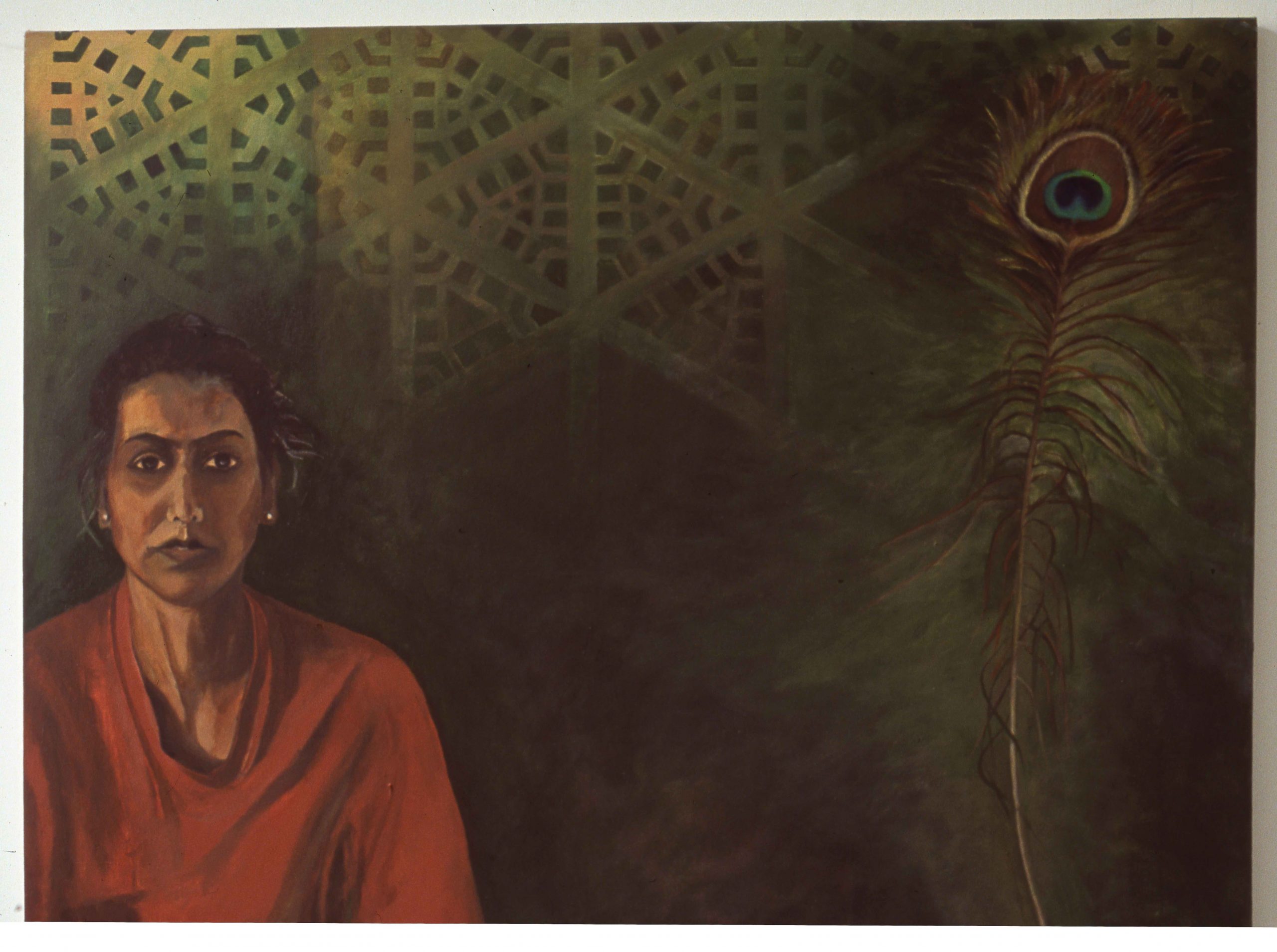 A painted self portrait of the artist in a red top, to the left of a dark space, a peacock feather in the darkness to the right