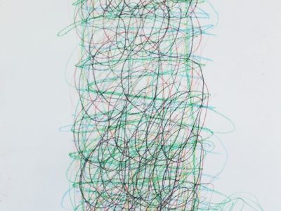 a drawing, dense abstract marks mainly in green form an upright column covering the central third of the sheet
