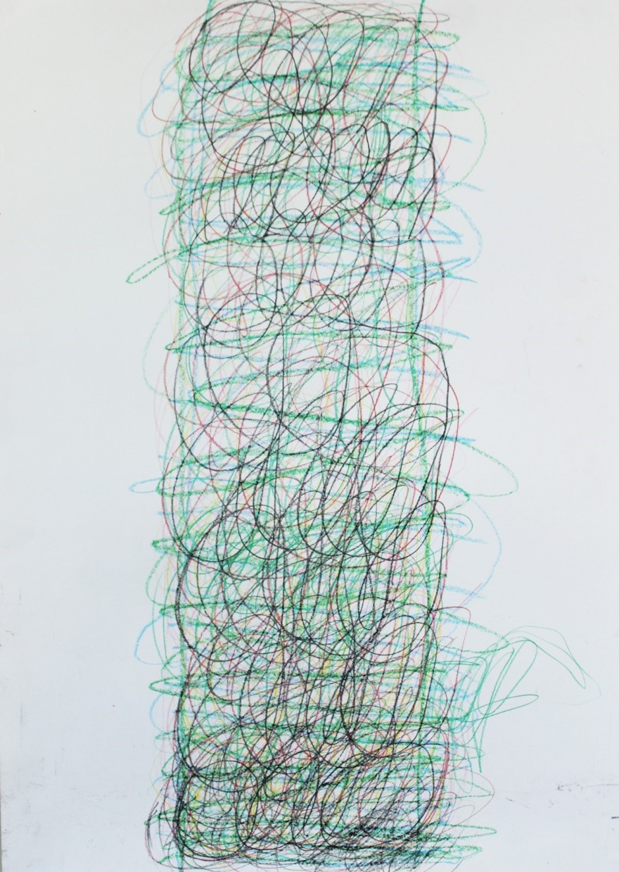 a drawing, dense abstract marks mainly in green form an upright column covering the central third of the sheet