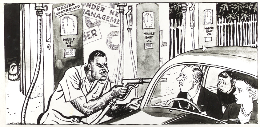 a black and white satirical cartoon set in a garage forecourt, showing the Egyptian leader Nasser pointing a fuel pump at the head of a man seated with his family in a car, as if it were a gun