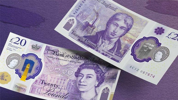 image of the UK £20 note, front and back, set on a purple background - the upper note shows the portrait of Turner the lower note shows the Queen