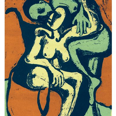 a boldly designed image of two figures embracing, one pale yellow apparently seated and female, the other standing and pale green, in an burnt orange setting
