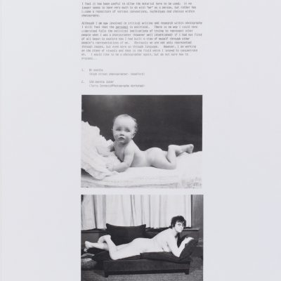 a collage image, with a block of dense typed text at top, below two black and white images, the upper of a baby lying on its tummy the lower of a female nude lying down on their front, looking back at the camera. Below the images a typeface heading '1934-1979'