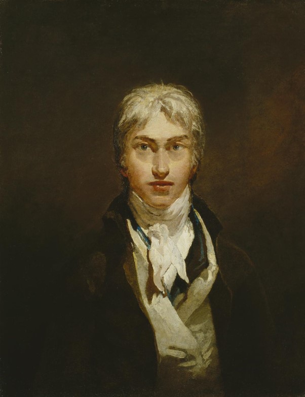 portrait painting of the artist, staring intently directly out of the canvas, his face hair and shirt pale and set dramatically against a blank, dark brown setting