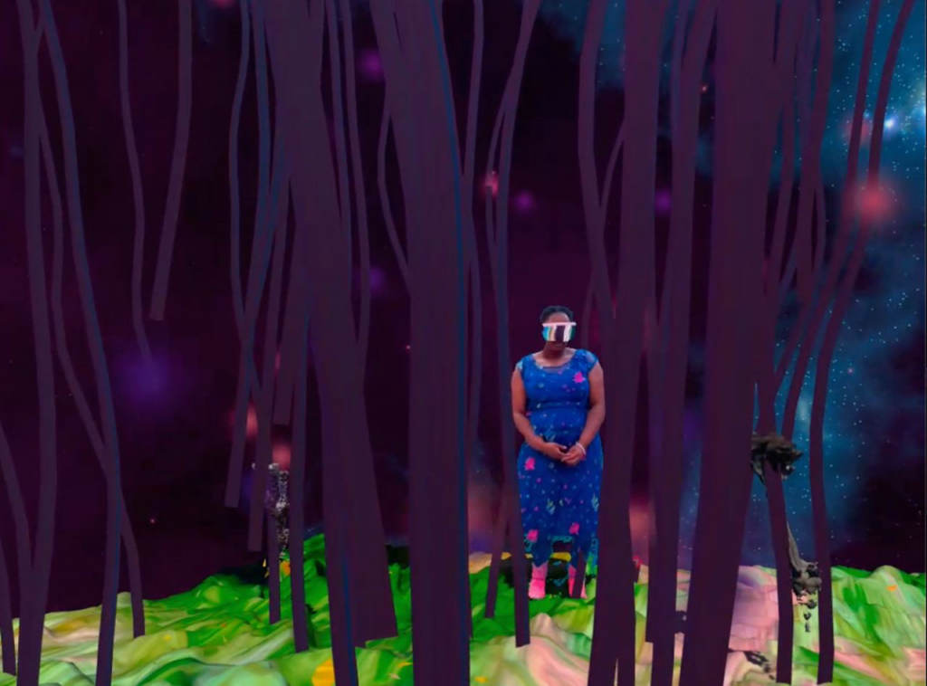 a visibly digitally generated image resembling a dense forest in emphatic colours, the dense tree trunks a deep brown-purple, bright green waves like grass on the ground. In the midst of this, in a middle distance, a female figure in a blue dress wearing a silvered visor, which obscures their face.