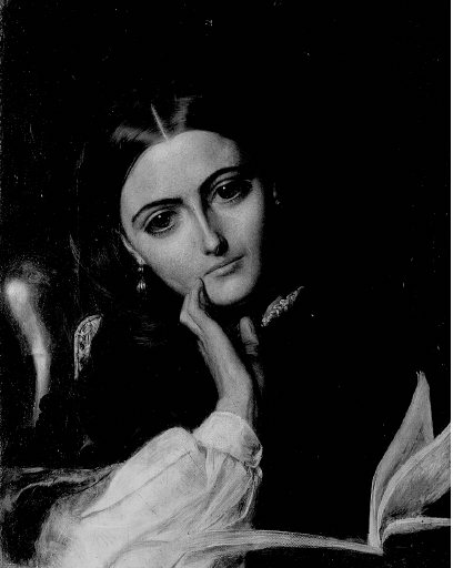 black and white image of a detailed victorian painting of a woman half-length, leaning on a table an open book before here, looking vaguely towards the viewer