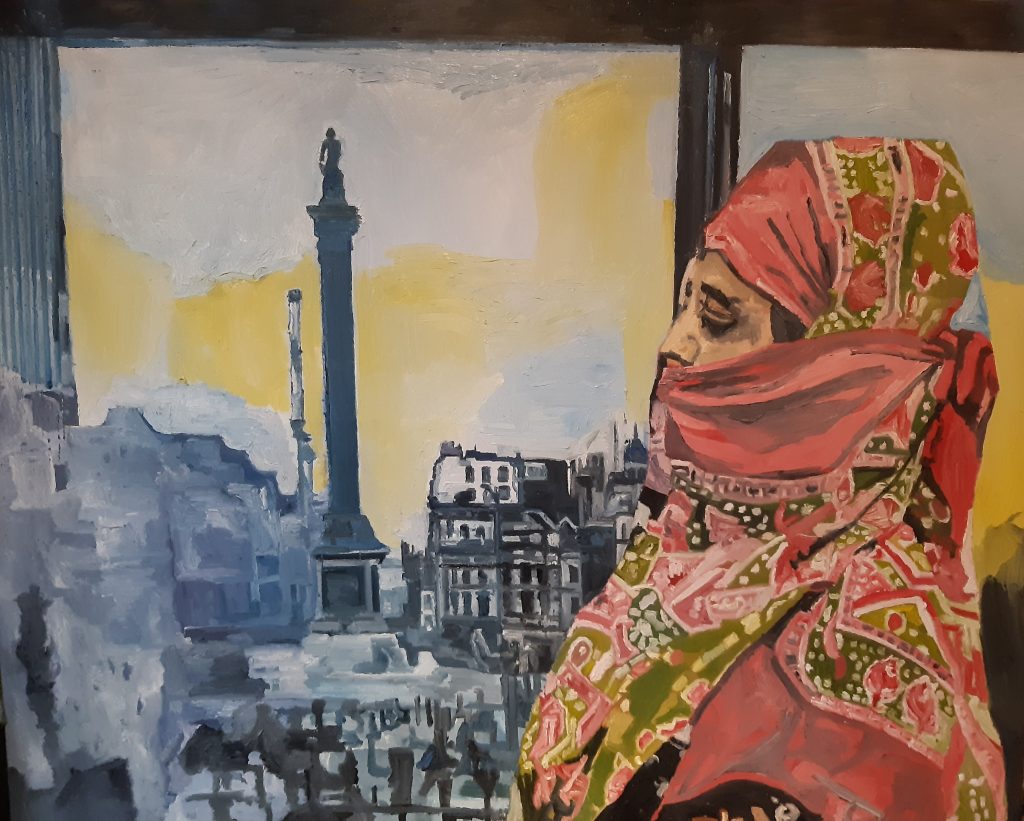 an oil painting, expressively painted with visible brushstriokes; a female figure in South Asian costume mainly of light reds, viewed half-length from the side, in front of a window opening, through which is seen a black and white view, apparently of Trafalgar Square, the sky white and yellow