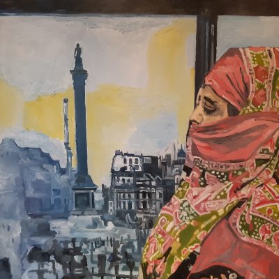 an oil painting, expressively painted with visible brushstriokes; a female figure in South Asian costume mainly of light reds, viewed half-length from the side, in front of a window opening, through which is seen a black and white view, apparently of Trafalgar Square, the sky white and yellow