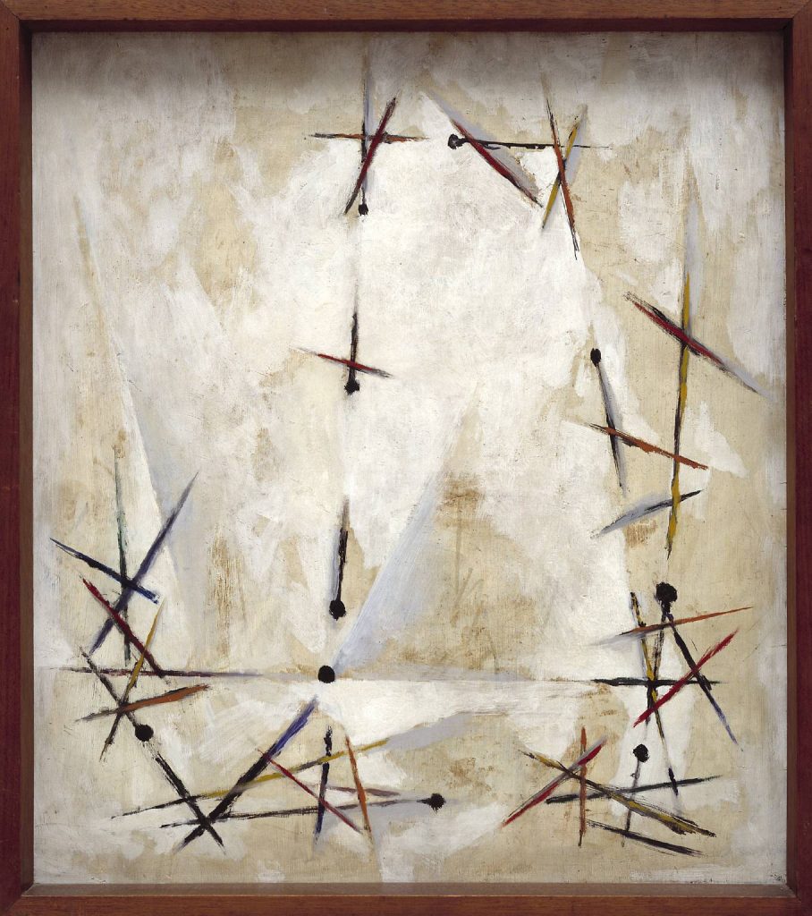 abstract painting in creams and pale browns, with jagged dark brown marks arranged in a loose scaffold-like form in around the composition