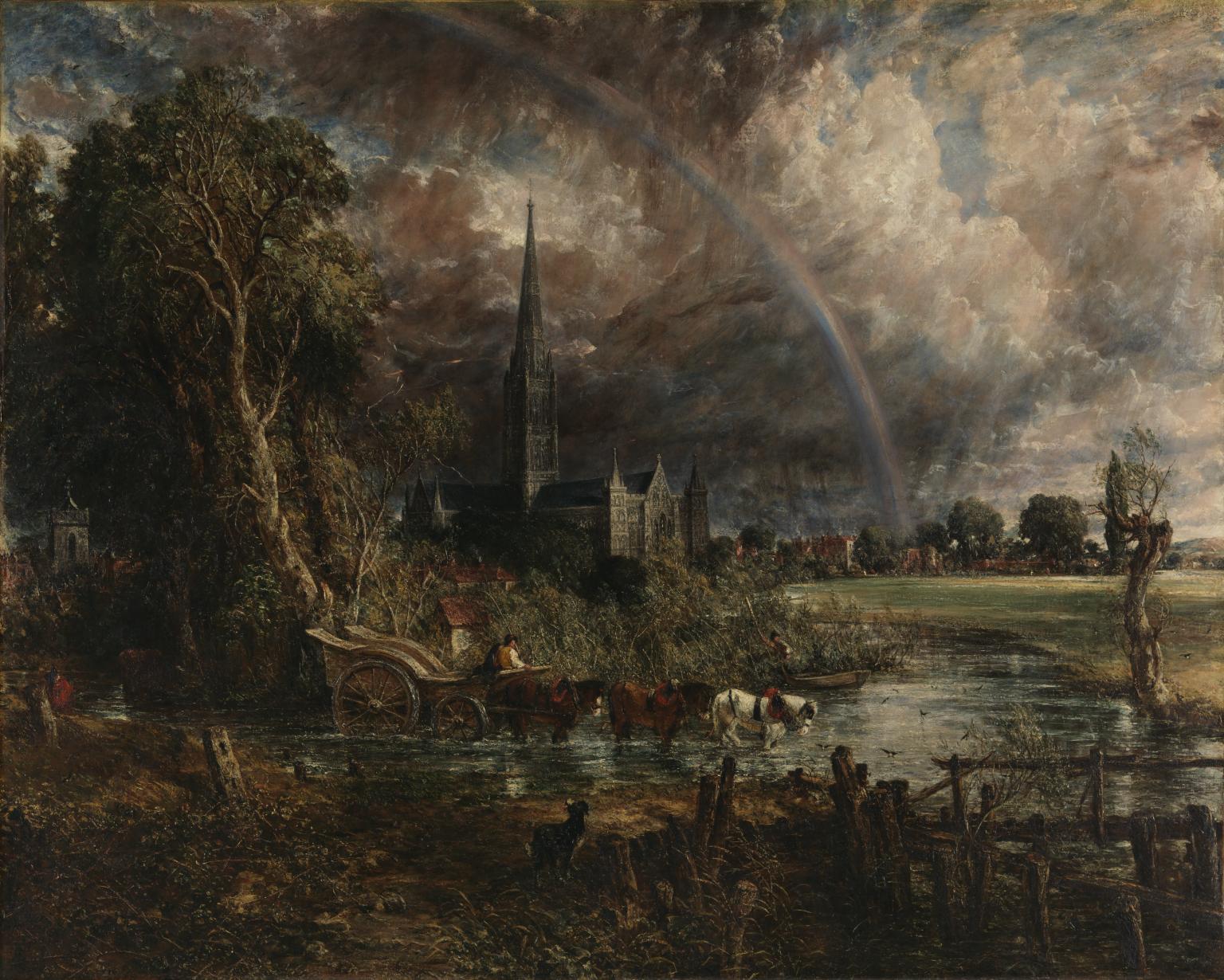 nineteenth century oil painting with expressive brushwork, a view across water and lush green fields, medieval Salisbury Cathedral prominent in the background, a looming stormy sky above with a rainbow arching across
