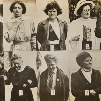 a composite image, two rows of five monochrome images of women Suffragettes in civilian costume, half-length images apparently taken off guard; each image numbered 1-10