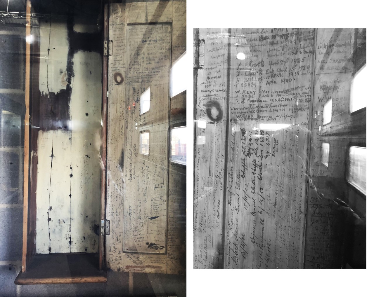 two photos of an aged wooden upright box, with inscriptions - photo taken with the object behind glass, which reflects indications of a store interior