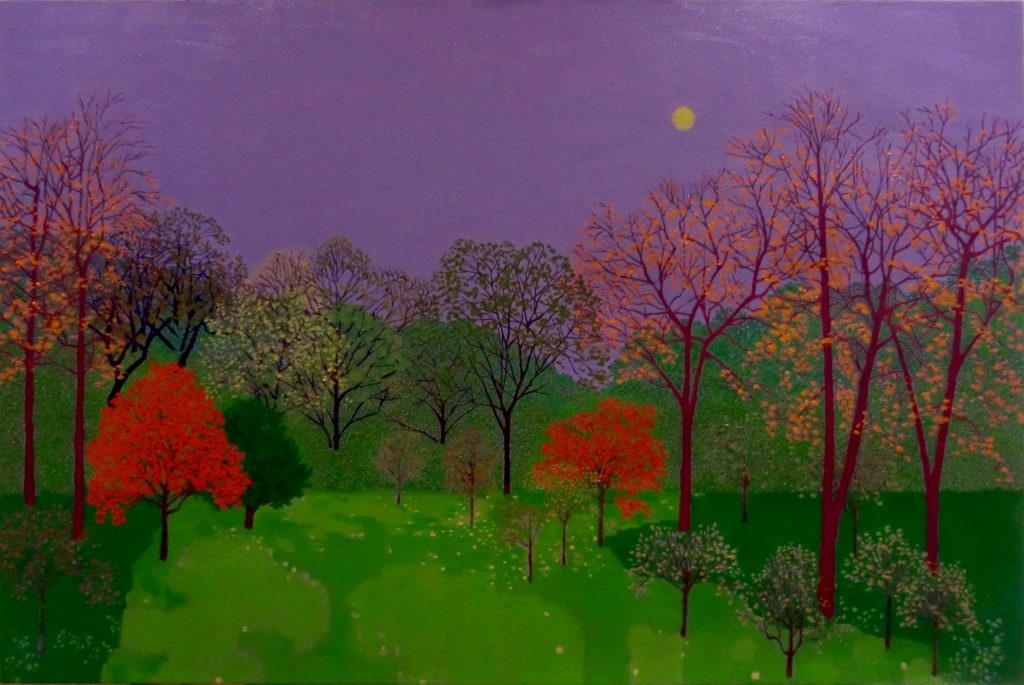 painting of wooded landscape, intensely coloured, purple sky, bright green grass, red trees