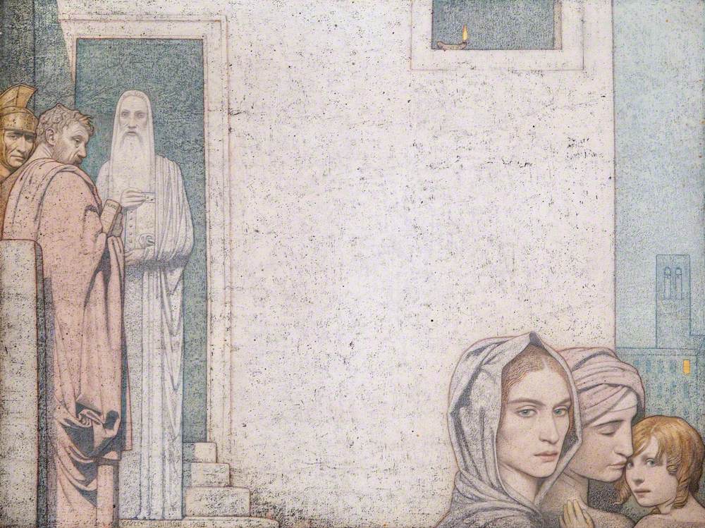 a painting in muted pale tones, mainly whites, a blank wall, figures in ancient robes to the left in a doorway, and heads and shoulders of figures to the bottom right, women's faces