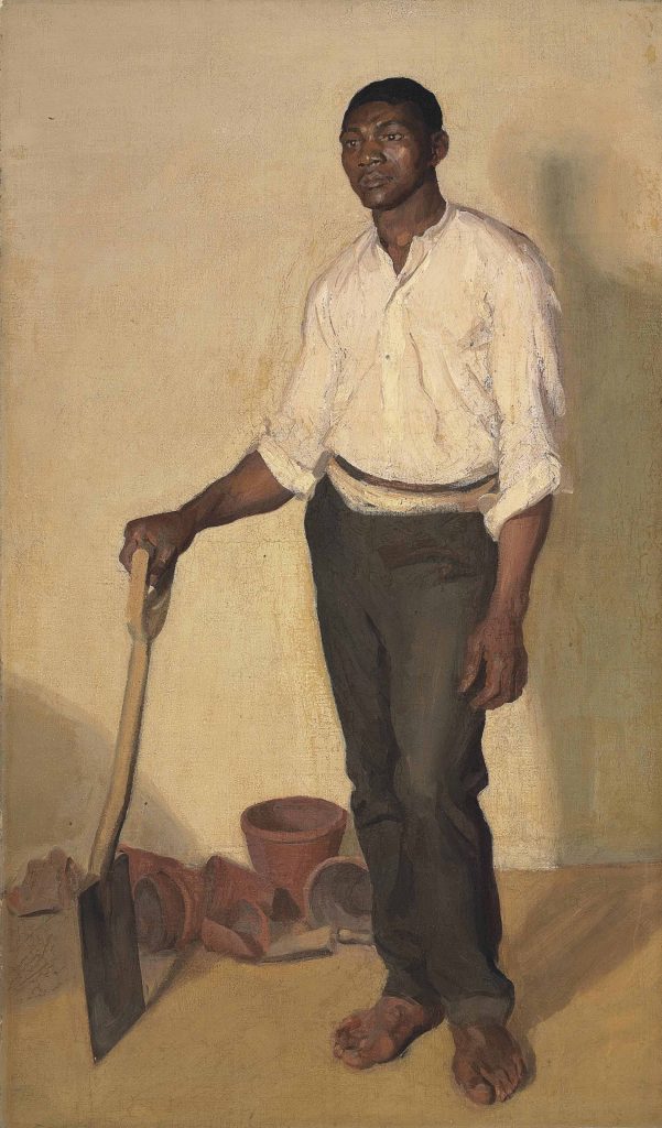 full length painted portrait of a Black man wearing loose white shirt and trousers, holding a spade