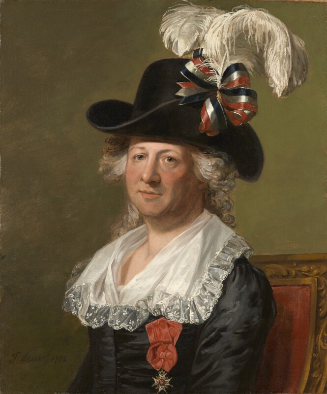 eighteenth century portrait of a middle-aged person in flamboyant feminine costume, a large plumed hat, wide, decorative collar in lace