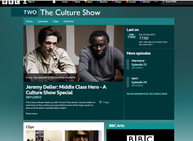 screenshot of BBC website, featuring Jeremy Deller - Middle class hero, showing it was last broadcast 25 February 2012