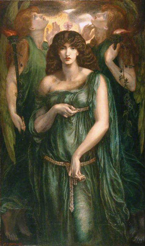 PreRaphaelite painting in rich colours, three female figures in flowing green dresses, in a formal arrangement, figure to the fore looks directly outward, flanked by figures viewed from their sides, looking upwards towards bright light