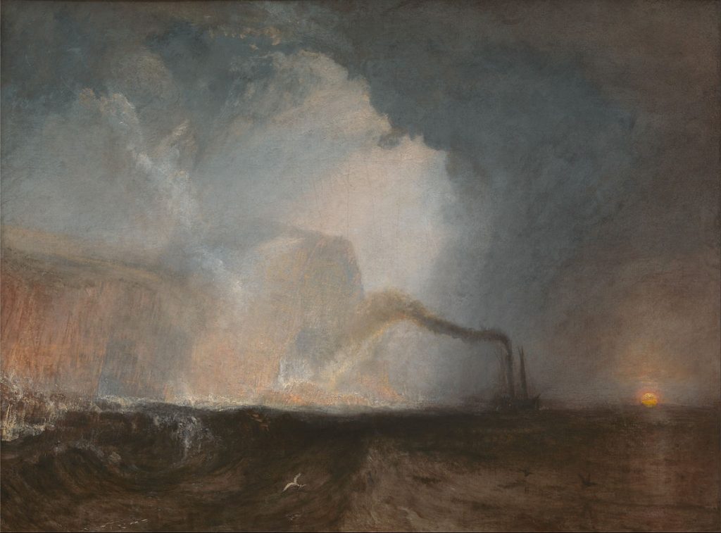 painted seascape, dominated by cloudy grey sky, light breaking through, a steamship with steam rising from its funnel in near-silhouette on the right