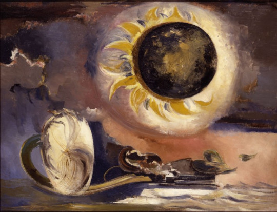 semi-abstract and surreal landscape image, dominated by browns and yellows, to the top a black globe surrounded by yellow petals - a sunflower and a kind of sun