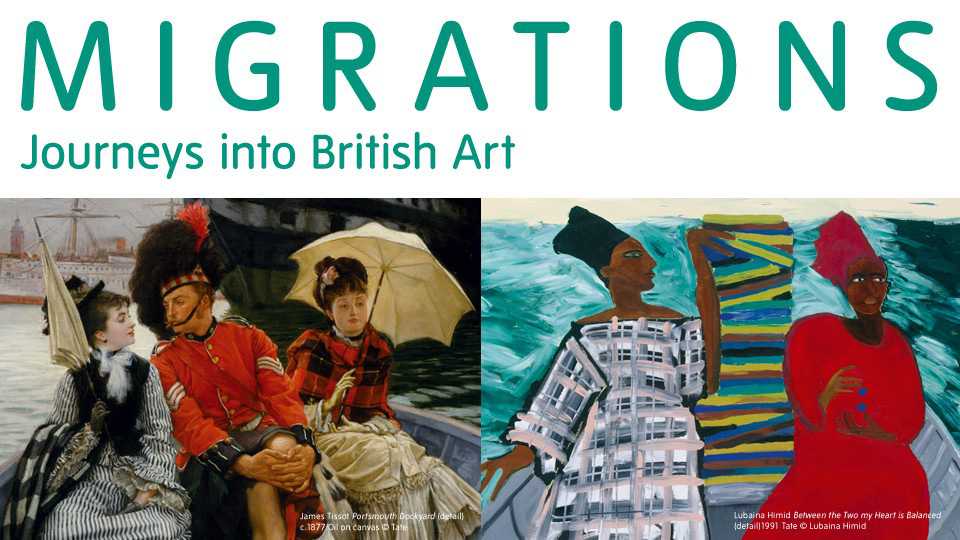 exhibition graphic for Migrations, juxtaposing pre-Raphaelite image with Sonia Boyce work, both brightly coloured with emphatic red features