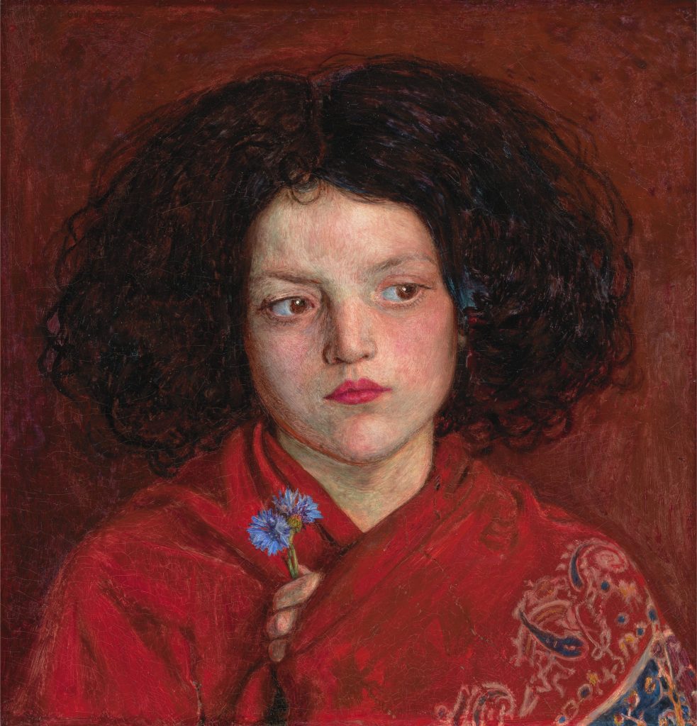 portrait painting of a girl in bright red shawl, dark hair, looking to one side