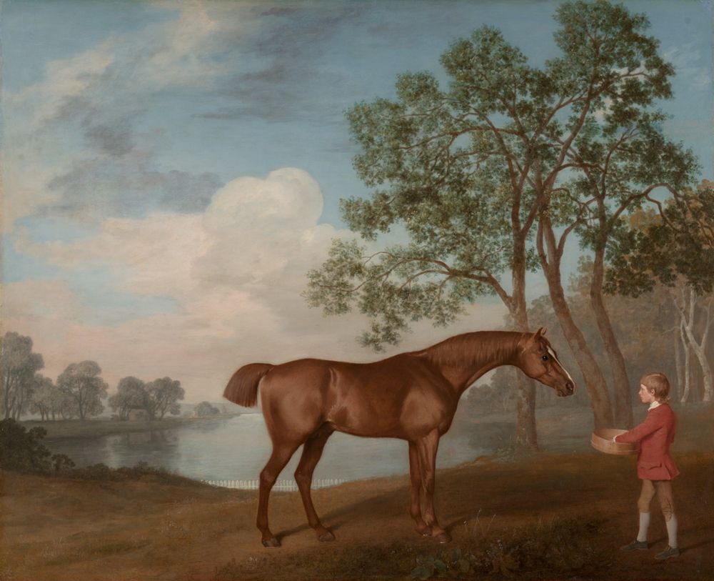 eighteenth century painting of a tranquil landscape with lake, a horse being fed by a stable boy in a red jacket in forgeground