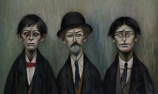 painting of three portrait head and shoulders in a row, an older man with a moustache and hat central, flanked by two boys, all wearing 1940s constumes