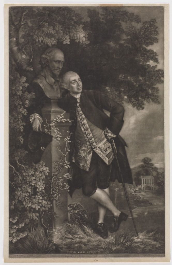 black and white mezzotint print, eighteenth century, the actor David Garrick leaning against the pedestal of a bust of Shakespeare, landscape with a temple structure behind