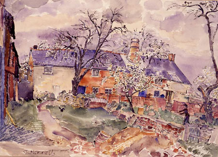 watercolour painting of a row of cottages, trees before them, rooftops purple, strong red-browns and greens in gardens
