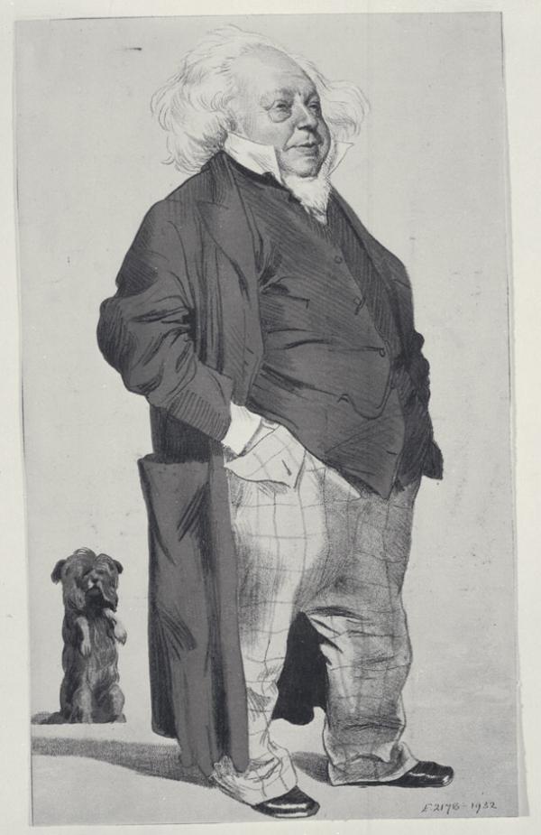black and white 19th century cartoon portrait, a portly main standing, hands in pockets
