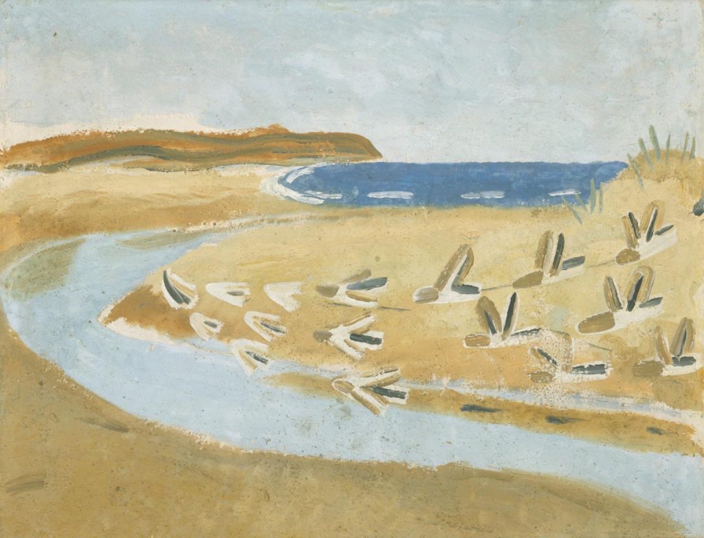 a semi abstract landscape, pale blue river running out to deep blue sea, sandy landforms either side, a flock of bird-like forms flying over the sand