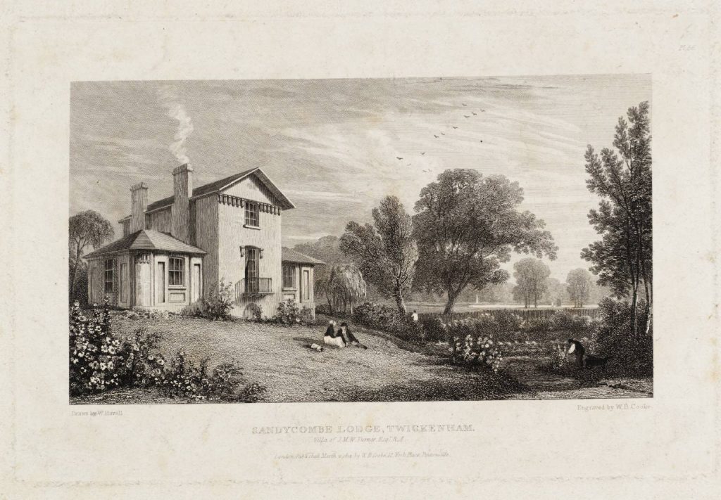 19th century engraved image of a small italianate villa, to left, with smoke rising from chimney, garden and open landscape to right 