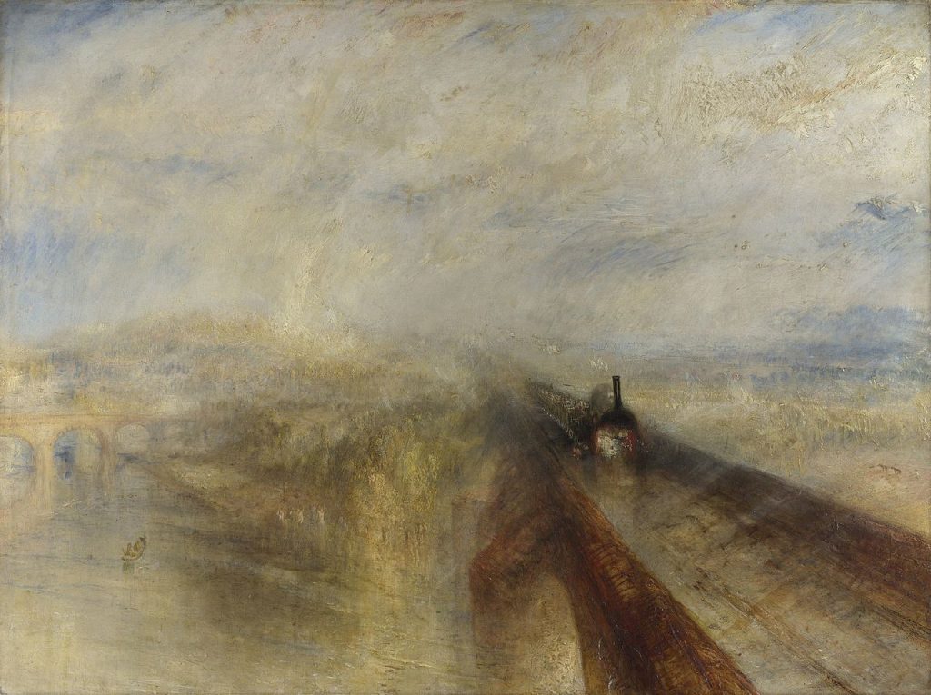 atmospheric image of steam train crossing bridge, in our direction, swirling mist/clouds around, pale greys and golds